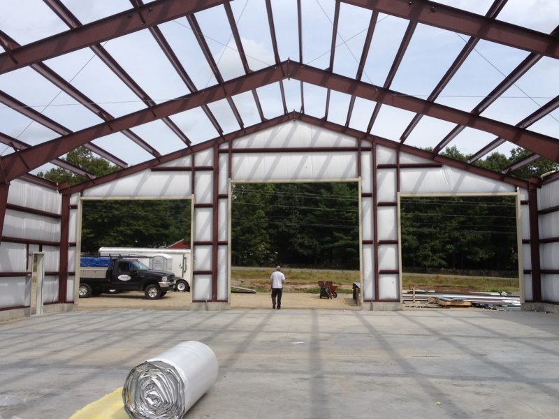 Interior view of large steel garage structure